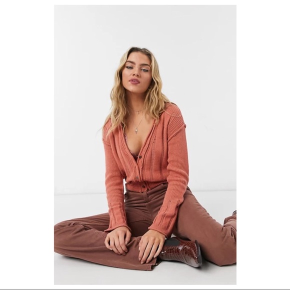 FREE PEOPLE BOHO CARDI LONG SLEEVES RIB KNIT CROP CARDIGAN A3C - Picture 12 of 15